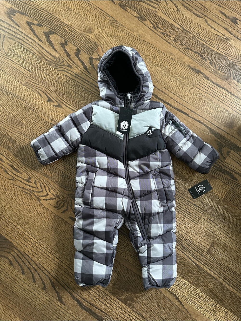 NWT Volcom Baby Boys' Black Gray Plaid Infant Hooded Puffer Snowsuit | Sz 12M - Picture 2 of 8